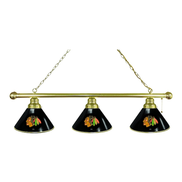 Chicago Blackhawks 3 Shade Billiard Light, Black Shades, Brass Fixture